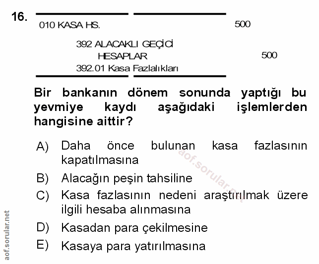16. soru: 500 010 KASA HS. 392 ALACAKLI GEÇİC HESAPLAR 500 392.01 Kasa Fazlalıkları Bir bankanın dönem sonunda yaptığı bu yevmi…