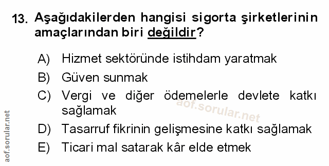 13. soru: Aşağıdakilerden hangisi sigorta şirketlerinin amaçlarından biri değildir? A) Hizmet sektöründe istihdam yaratmak B) G…