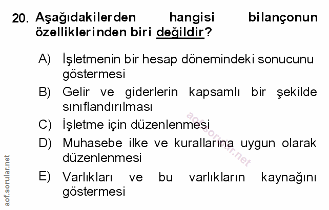 20. soru: Aşağıdakilerden hangisi bilançonun özelliklerinden biri değildir? A) Işletmenin bir hesap dönemindeki sonucunu göster…