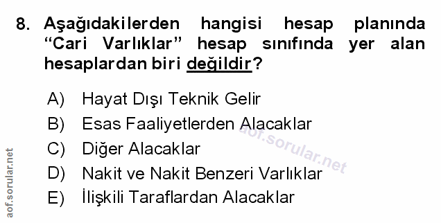 8. soru: Aşağıdakilerden hangisi hesap planında "Cari Varlıklar" hesap sınıfında yer alan hesaplardan biri değildir? A) Hayat…