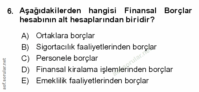 6. soru: Aşağıdakilerden hangisi Finansal Borçlar hesabının alt hesaplarından biridir? A) Ortaklara borçlar B) Sigortacılık fa…