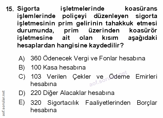 15. soru: Sigorta işletmelerinde koasürans işlemlerinde poliçeyi düzenleyen sigorta işletmesinin prim gelirinin tahakkuk etmesi…