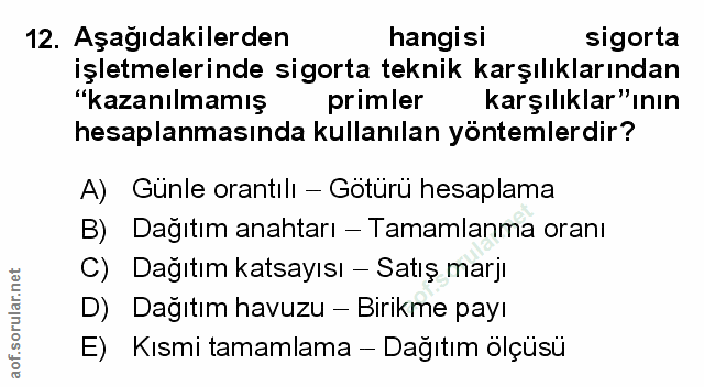 12. soru: Aşağıdakilerden hangisi sigorta işletmelerinde sigorta teknik karşılıklarından "kazanılmamış primler karşılıklar"ının…