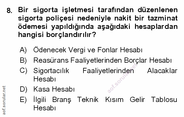 8. soru: Bir sigorta işletmesi tarafından düzenlenen sigorta poliçesi nedeniyle nakit bir tazminat ödemesi yapıldığında aşağıd…