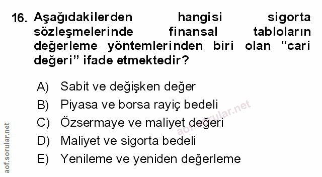 16. soru: Aşağıdakilerden hangisi sigorta sözleşmelerinde finansal tabloların değerleme yöntemlerinden biri olan "cari degeri"…