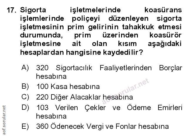 17. soru: Sigorta işletmelerinde koasürans işlemlerinde poliçeyi düzenleyen sigorta işletmesinin prim gelirinin tahakkuk etmesi…