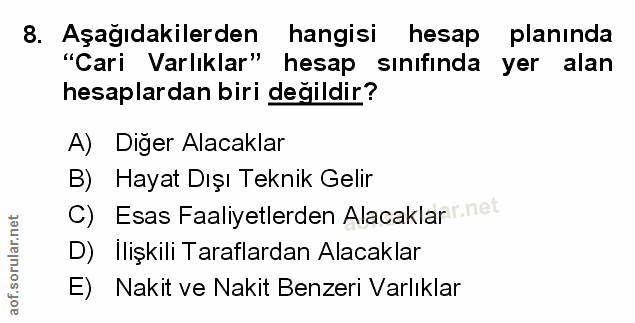 8. soru: Aşağıdakilerden hangisi hesap planında "Cari Varlıklar" hesap sınıfında yer alan hesaplardan biri değildir? A) Diğer…
