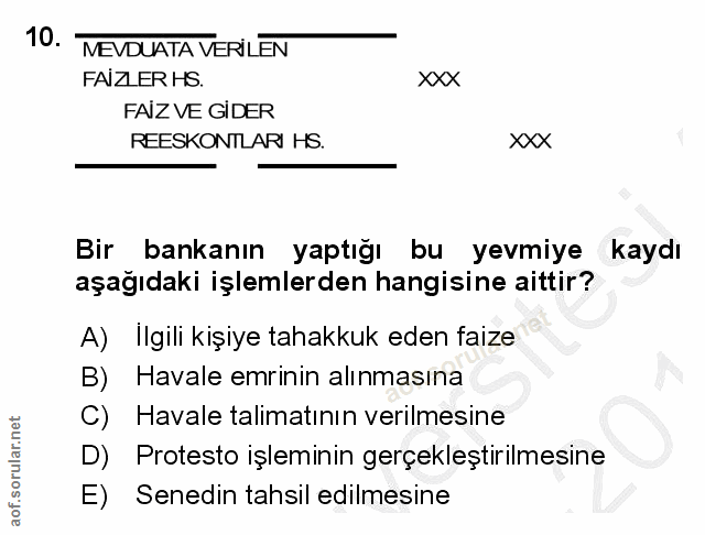 10. soru: MEVDUATA VERILEN FAIZLER HS. XXX FAIZ VE GIDER REESKONTLARI HS. XXX Bir bankanın yaptığı bu yevmiye kaydı aşağıdaki i…