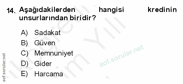 14. soru: Aşağıdakilerden hangisi kredinin unsurlarından biridir? A) Sadakat B) Güven C) Memnuniyet D) Gider E) Harcama