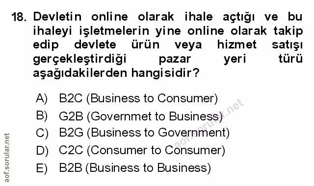 18. soru: Devletin online olarak ihale açtığı ve bu ihaleyi işletmelerin yine online olarak takip edip devlete ürün veya hizmet…