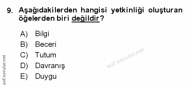 9. soru: Aşağıdakilerden hangisi yetkinliği oluşturan öğelerden biri değildir? A) Bilgi B) Beceri C) Tutum D) Davranış E) Duygu