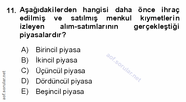11. soru: Aşağıdakilerden hangisi daha önce ihraç edilmiş ve satılmış menkul kıymetlerin izleyen alım-satımlarının gerçekleştiğ…