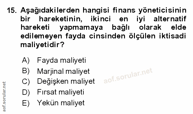 15. soru: Aşağıdakilerden hangisi finans yöneticisinin bir hareketinin, ikinci en iyi alternatif hareketi yapmamaya bağlı olara…