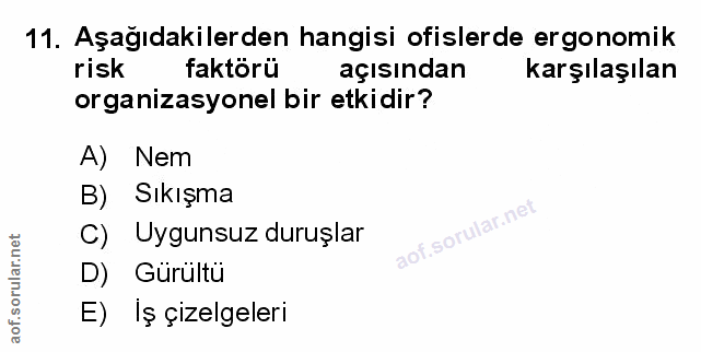 11. soru: Aşağıdakilerden hangisi ofislerde ergonomik risk faktörü açısından karşılaşılan organizasyonel bir etkidir? A) Nem B)…