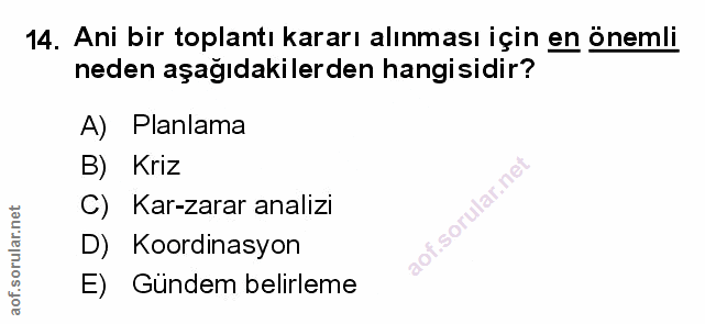 14. soru: Ani bir toplantı kararı alınması için en önemli neden aşağıdakilerden hangisidir? A) Planlama B) Kriz C) Kar-zarar an…