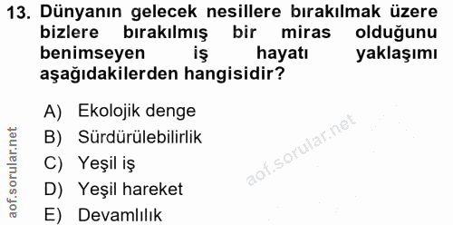 13. soru: Dünyanın gelecek nesillere bırakılmak üzere bizlere bırakılmış bir miras olduğunu benimseyen hayatı yaklaşımı aşağıda…