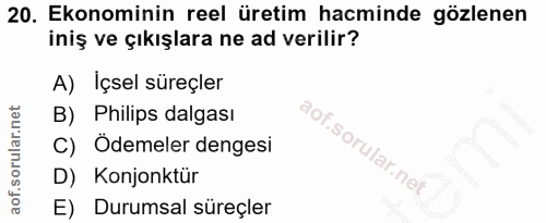 20. soru: Ekonominin reel üretim hacminde gözlenen iniş ve çıkışlara ne ad verilir? A) Içsel süreçler B) Philips dalgası C) Öde…
