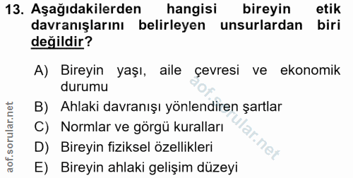 13. soru: Aşağıdakilerden hangisi bireyin etik davranışlarını belirleyen unsurlardan biri değildir? A) Bireyin yaşı, aile çevre…