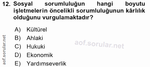 12. soru: Sosyal sorumluluğun hangi boyutu işletmelerin öncelikli sorumluluğunun kârlılık olduğunu vurgulamaktadır? A) Kültürel…