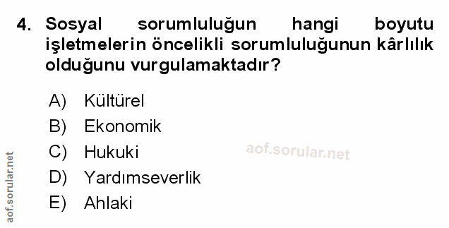 4. soru: Sosyal sorumluluğun hangi boyutu işletmelerin öncelikli sorumluluğunun kârlılık olduğunu vurgulamaktadır? A) Kültürel…