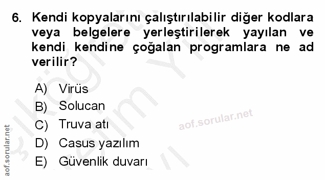 6. soru: Kendi kopyalarını çalıştırılabilir diger kodlara veya belgelere yerleştirilerek yayılan ve kendi kendine çogalan prog…