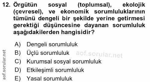 12. soru: Örgütün sosyal (toplumsal), ekolojik (çevresel), ve ekonomik sorumluluklarının tümünü dengeli bir şekilde yerine geti…