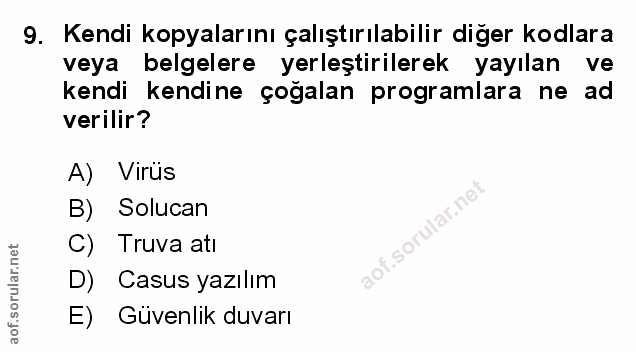9. soru: Kendi kopyalarını çalıştırılabilir diğer kodlara veya belgelere yerleştirilerek yayılan ve kendi kendine çoğalan prog…