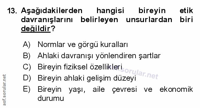 13. soru: Aşağıdakilerden hangisi bireyin etik davranışlarını belirleyen unsurlardan biri değildir? A) Normlar ve görgü kuralla…