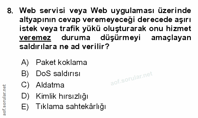 8. soru: Web servisi veya Web uygulaması üzerinde altyapının cevap veremeyecegi derecede aşırı istek veya trafik yükü oluştura…