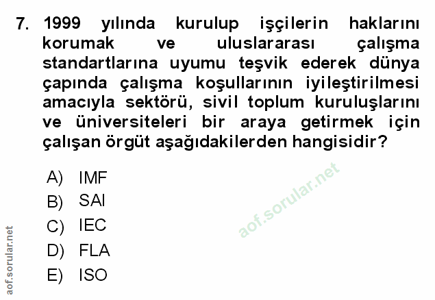 7. soru: 1999 yılında kurulup işçilerin haklarını korumak ve uluslararası çalışma standartlarına uyumu teşvik ederek dünya çap…