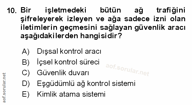 10. soru: Bir l işletmedeki bütün ag trafigini şifreleyerek izleyen ve ağa sadece izni olan iletimlerin geçmesini saglayan güve…