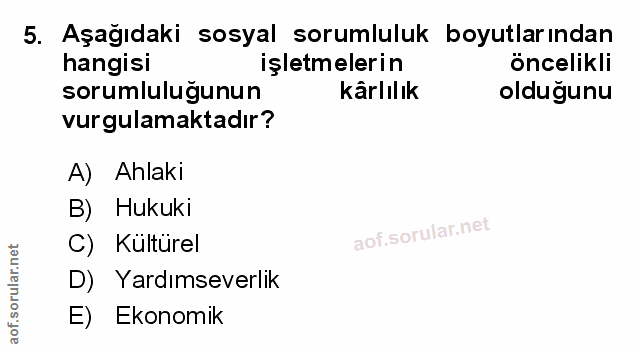 5. soru: Aşağıdaki sosyal sorumluluk boyutlarından hangisi işletmelerin öncelikli sorumluluğunun kârlılık olduğunu vurgulamakt…