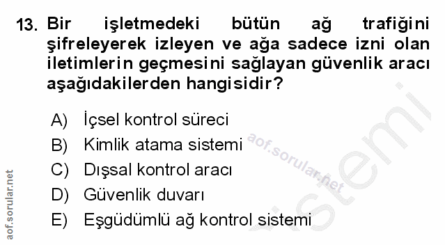 13. soru: Bir işletmedeki bütün ag trafigini şifreleyerek izleyen ve ağa sadece izni olan iletimlerin geçmesini sağlayan güvenl…