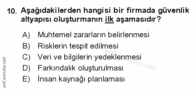 10. soru: Aşağıdakilerden hangisi bir firmada güvenlik altyapısı oluşturmanın ilk aşamasıdır? A) Muhtemel zararların belirlenme…