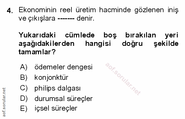 4. soru: Ekonominin reel üretim hacminde gözlenen iniş ve çıkışlara ---- denir. Yukarıdaki cümlede boş bırakılan yeri aşağıdak…