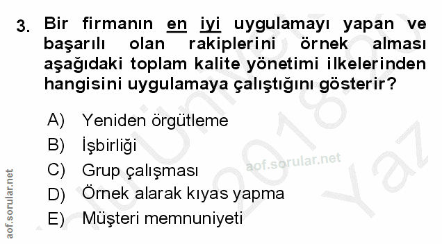 3. soru: Bir firmanın en iyi uygulamayı yapan ve başarılı olan rakiplerini örnek alması aşağıdaki toplam kalite yönetimi ilkel…
