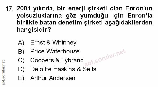 17. soru: 2001 yılında, bir enerji şirketi olan Enron'un yolsuzluklarına göz yumduğu için Enron'la birlikte batan denetim şirke…