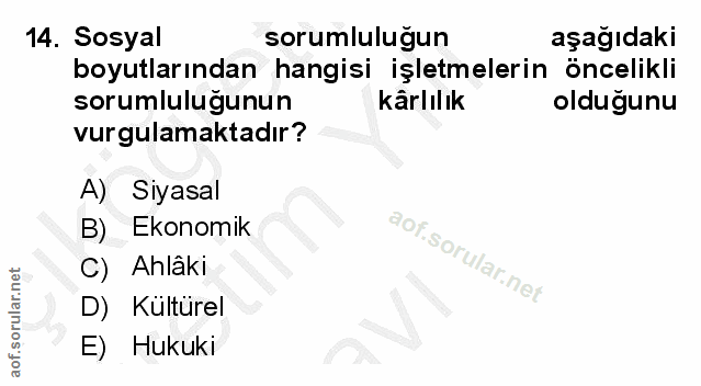 14. soru: Sosyal sorumluluğun aşağıdaki boyutlarından hangisi işletmelerin öncelikli sorumluluğunun kârlılık olduğunu vurgulama…