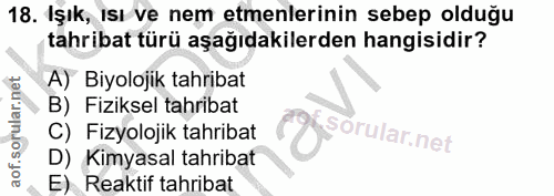 18. soru: Işık, ısı ve nem emenlerinin sebep olduğu tahribat türü aşağıdakilerden hangisidir? A) Biyolojik tahribat B) Fiziksel…