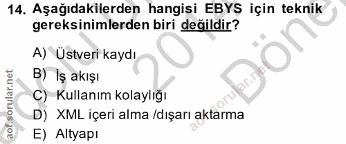 14. soru: Aşağıdakilerden hangisi EBYŞ için teknik gereksinimlerden biri değildir? A) Üstveri kaydı. B) İş akışı C) Kullanım ko…