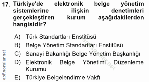 17. soru: Türkiye'de elektronik belge yönetim sistemlerine ilişkin denetimleri gerçekleştiren kurum aşağıdakilerden hangisidir?…