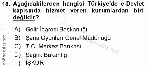 18. soru: Aşağıdakilerden hangisi Türkiye'de e-Devlet kapısında hizmet veren kurumlardan biri değildir? A) Gelir Idaresi Başkan…