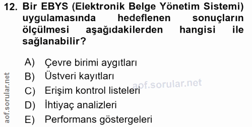 12. soru: Bir EBYS (Elektronik Belge Yönetim Sistemi) uygulamasında hedeflenen sonuçların ölçülmesi aşağıdakilerden hangisi ile…