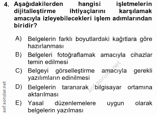 4. soru: Aşağıdakilerden hangisi işletmelerin dijitalleştirme ihtiyaçlarını karşılamak amacıyla izleyebilecekleri işlem adımla…