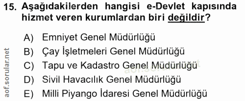 15. soru: Aşağıdakilerden hangisi e-Devlet kapısında hizmet veren kurumlardan biri değildir? A) Emniyet Genel Müdürlüğü B) Çay…