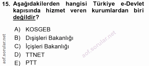 15. soru: Aşağıdakilerden hangisi Türkiye e-Devlet kapısında hizmet veren kurumlardan biri değildir? A) KOSGEB B) Dışişleri Bak…