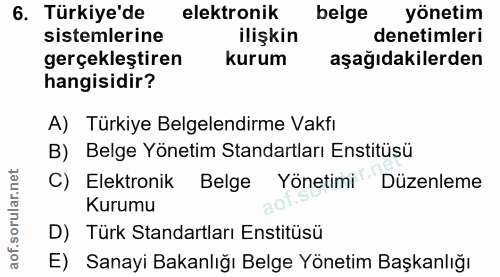 6. soru: Türkiye'de elektronik belge yönetim sistemlerine ilişkin denetimleri gerçekleştiren kurum aşağıdakilerden hangisidir?…
