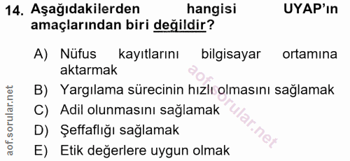 14. soru: Aşağıdakilerden hangisi UYAP'ın amaçlarından biri değildir? A) Nüfus kayıtlarını bilgisayar ortamina aktarmak B) Yarg…