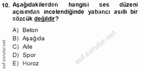 10. soru: Aşağıdakilerden hangisi ses düzeni açısından incelendiğinde yabancı asıllı bir sözcük değildir? A) Beton B) Aşağıda C…