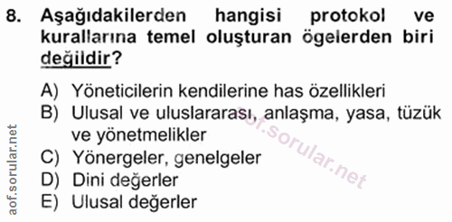 8. soru: Aşağıdakilerden hangisi protokol ve kurallarına temel oluşturan ögelerden biri değildir? A) Yöneticilerin kendilerine…